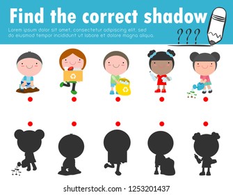 Find the correct shadow. Educational game for children, Shadow Matching Game for kids, Visual game for kid. Connect the dots picture,Education Vector Illustration.