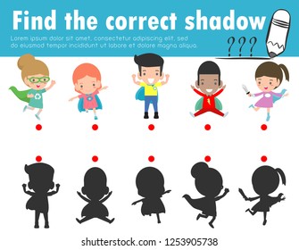 Find the correct shadow. Educational game for children, Shadow Matching Game for kids, Visual game for kid. Connect the dots picture,Education Vector Illustration.