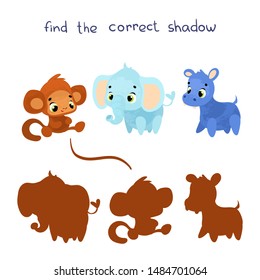 Find the correct shadow. Educational game for children. Vector illustrations for children books. Vector cartoon african animals in children's style.