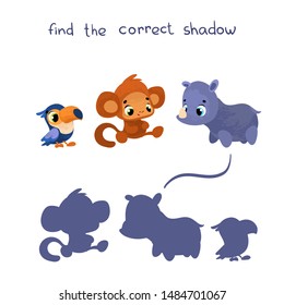 Find the correct shadow. Educational game for children. Vector illustrations for children books. Vector cartoon african animals in children's style.
