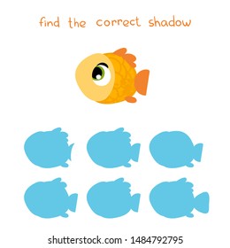 Find the correct shadow. Educational game for children. Vector illustrations for children books. Vector cartoon fish in children's style.