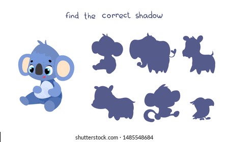Find the correct shadow. Educational game for children. Vector illustrations for children books. Vector cartoon koala in children's style.