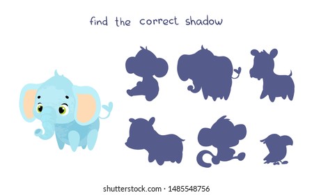 Find the correct shadow. Educational game for children. Vector illustrations for children books. Vector cartoon elephant in children's style.