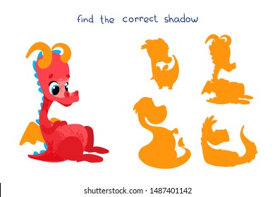 Find the correct shadow. Educational game for children. Vector illustrations for children books. Vector cartoon dragon in children's style. 
