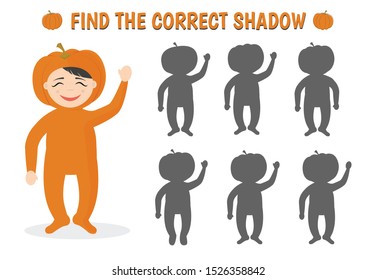 Find the correct shadow. Educational game for children. Cartoon vector illustration: boy in pumpkin costume for Halloween. 