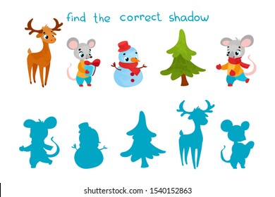 Find the correct shadow. Educational game for children. Vector illustrations for children books. Vector cartoon christmas elements in children's style. 