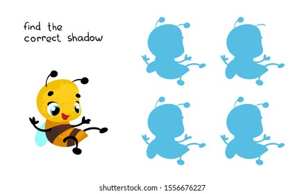 Find the correct shadow. Educational game for children. Vector illustrations for children books. Vector cartoon bee in children's style. 