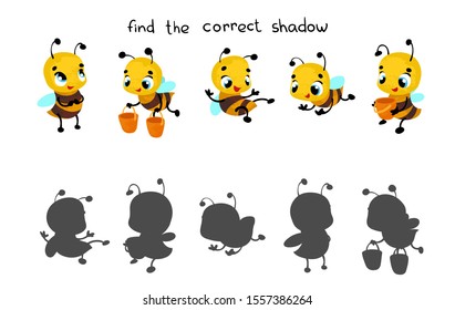 Find the correct shadow. Educational game for children. Vector illustrations for children books. Vector cartoon bee in children's style. 