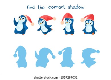 Find the correct shadow. Educational game for children. Vector illustrations for children books. Vector cartoon christmas penguins in children's style. 