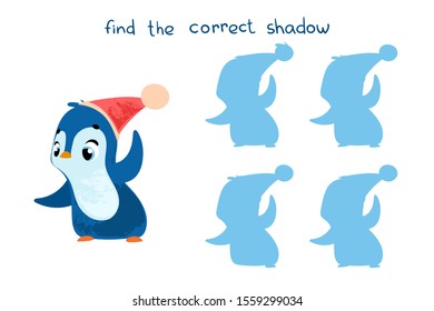Find the correct shadow. Educational game for children. Vector illustrations for children books. Vector cartoon christmas penguins in children's style. 