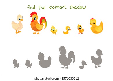 Find the correct shadow. Educational game for children. Vector cartoon farm animals in children's style. 