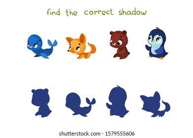 Find the correct shadow. Educational game for children. Vector illustrations for children books. Cute animals