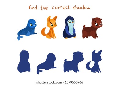 Find the correct shadow. Educational game for children. Vector illustrations for children books. Cute animals