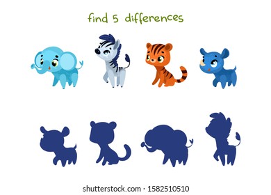 Find the correct shadow. Educational game for children. Vector illustrations for children books. Cute animals