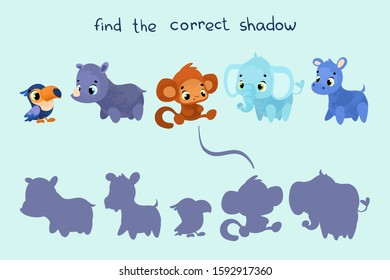 Find the correct shadow. Educational game for children. Vector illustrations for children books. Vector cartoon african animals