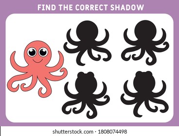 Find the correct shadow educational game for kids. small octopus. Preschool worksheet. Vector illustration.