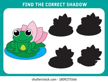 Find the correct shadow educational game for kids. small Frog. game for children. Preschool worksheet. Vector illustration.