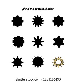 Find the correct shadow, an educational game for children. Set with silhouettes of gears matching activity for children .