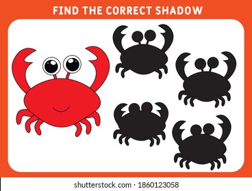 Find the correct shadow educational game for kids. little Crab. game for children. Preschool worksheet. Vector illustration.