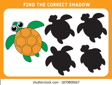 Find the correct shadow educational game for kids. little sea turtle. game for children. Preschool worksheet. Vector illustration