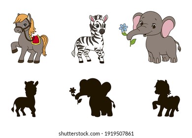 Find the correct shadow educational game for toddlers, cartoon elephant, horse and zebra isolated on white background, vector illustration