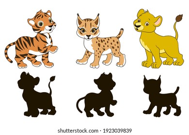 Find the correct shadow, educational game for toddlers, cartoon lion, lynx and tiger on a white background, vector illustration