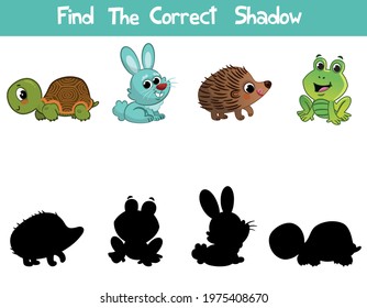 Find the correct shadow. Educational game for children. Vector illustrations for children. Turtle, rabbit, hedgehog, frog. 