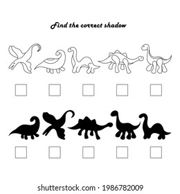  Find the correct shadow, educational game for children. Set with silhouettes of cute cartoon dinosaurs . Prehistoric Animals. Vector illustration.