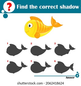 Encuentra la sombra correcta. Juego educativo para niños. Pescado de oro lindo. Ilustración vectorial de dibujos animados