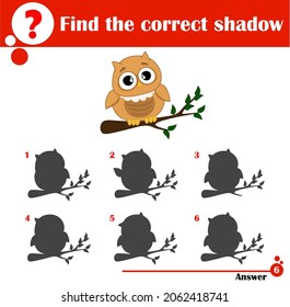 Find the correct shadow. Educational game for children. Cute owl on a branch. Cartoon vector illustration