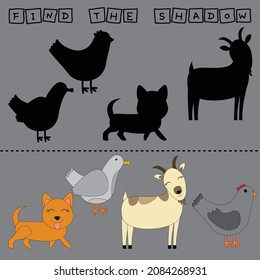 Encuentra la sombra correcta. Juego educativo para niños. Ilustración vectorial de dibujos animados.