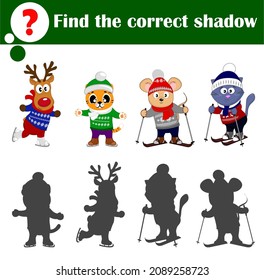 Find the correct shadow. Educational game for children. Cute skate and ski animals tiger, deer, mouse, cat