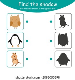 Find the correct shadow. Educational game for children. Cartoon vector illustration. Animals.