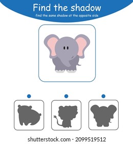 Encuentra la sombra correcta. Juego educativo para niños. Ilustración vectorial de dibujos animados. Animales. Elefante