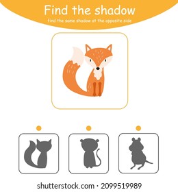 Find the correct shadow. Educational game for children. Cartoon vector illustration. Animals. Fox