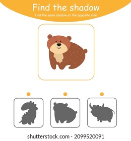 Find the correct shadow. Educational game for children. Cartoon vector illustration. Animals. Bear