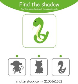 Find the correct shadow. Educational game for children. Cartoon vector illustration. Animals. Viper