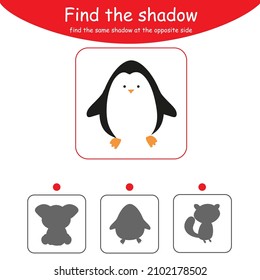 Find the correct shadow. Educational game for children. Cartoon vector illustration. Animals. Penguin