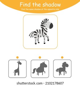 Find the correct shadow. Educational game for children. Cartoon vector illustration. Animals. Zebra