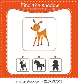 Find the correct shadow. Educational game for children. Cartoon vector illustration. Animals. Deer