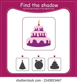 Find the correct shadow. Educational game for children. Cartoon vector illustration. Cake
