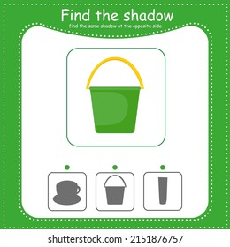 Find the correct shadow. Educational game for children. Cartoon vector illustration. Bucket