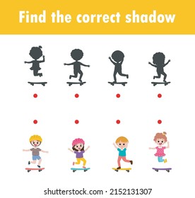Find the correct shadow. Educational game for children, Shadow Matching Game for kids, Visual game for kid. Connect the dots picture ,Education Vector Illustration.