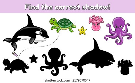 Find the correct shadow. Educational game for children. Vector illustration of cartoon sea animals.