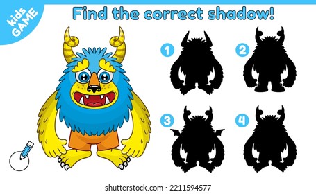 Find the correct shadow. Educational game for kids and toddlers. Cartoon monsters. Vector illustration.