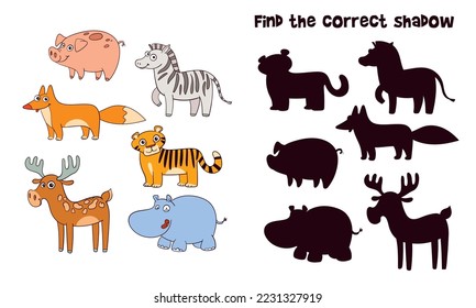 Find the correct shadow. Educational game for children. Kids puzzle for the little ones. Colorful cartoon characters. Funny vector illustration. Isolated on white background