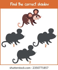 Finden Sie den richtigen Schatten. Erziehungsspiel für Kinder. Cartoon, Vektorgrafik.