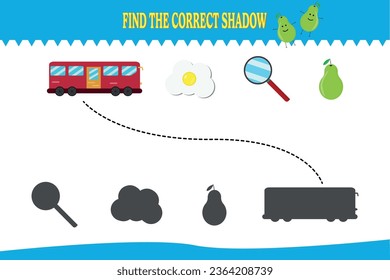 Find the correct shadow. Educational game for kids. Printable worksheet design. Activity page for preschool, kindergarten or elementary student.
