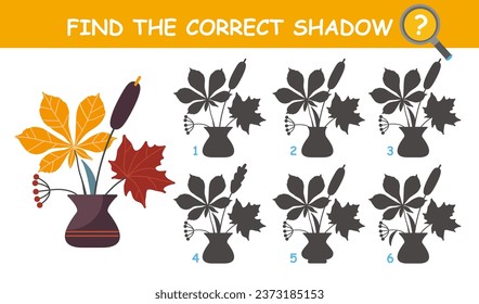 Find the correct shadow educational game for kids. Autumn leaves in vase. Vector isolated illustration.