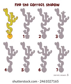 Find the correct shadow. Educational game for kids. Attention task. Choose right silhouette. Funny cartoon character. Worksheet page. Activity book. Cactus vector illustration